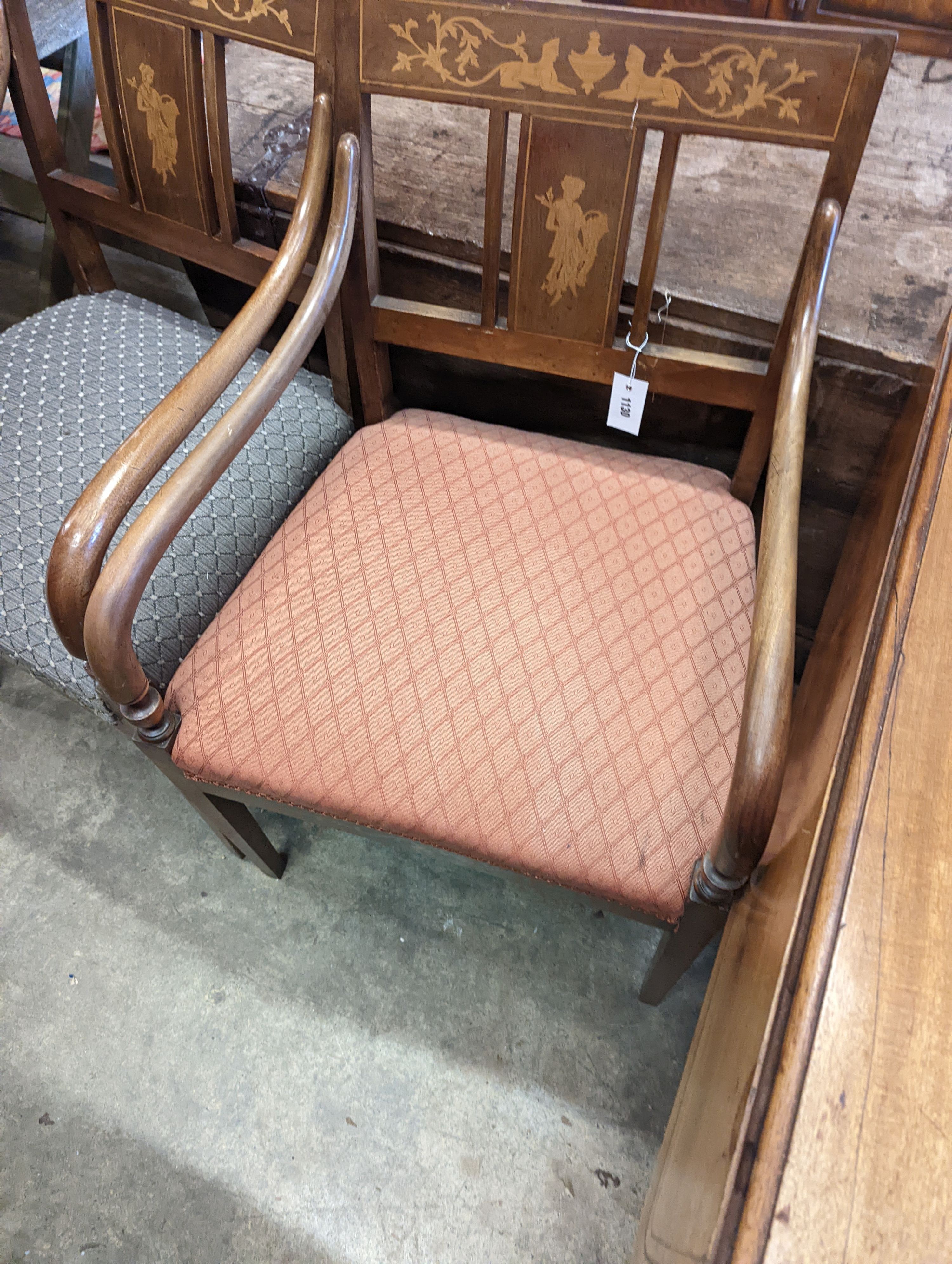 A pair of 19th century Danish marquetry inlaid mahogany desk chairs, width 55cm, depth 48cm, height 89cm